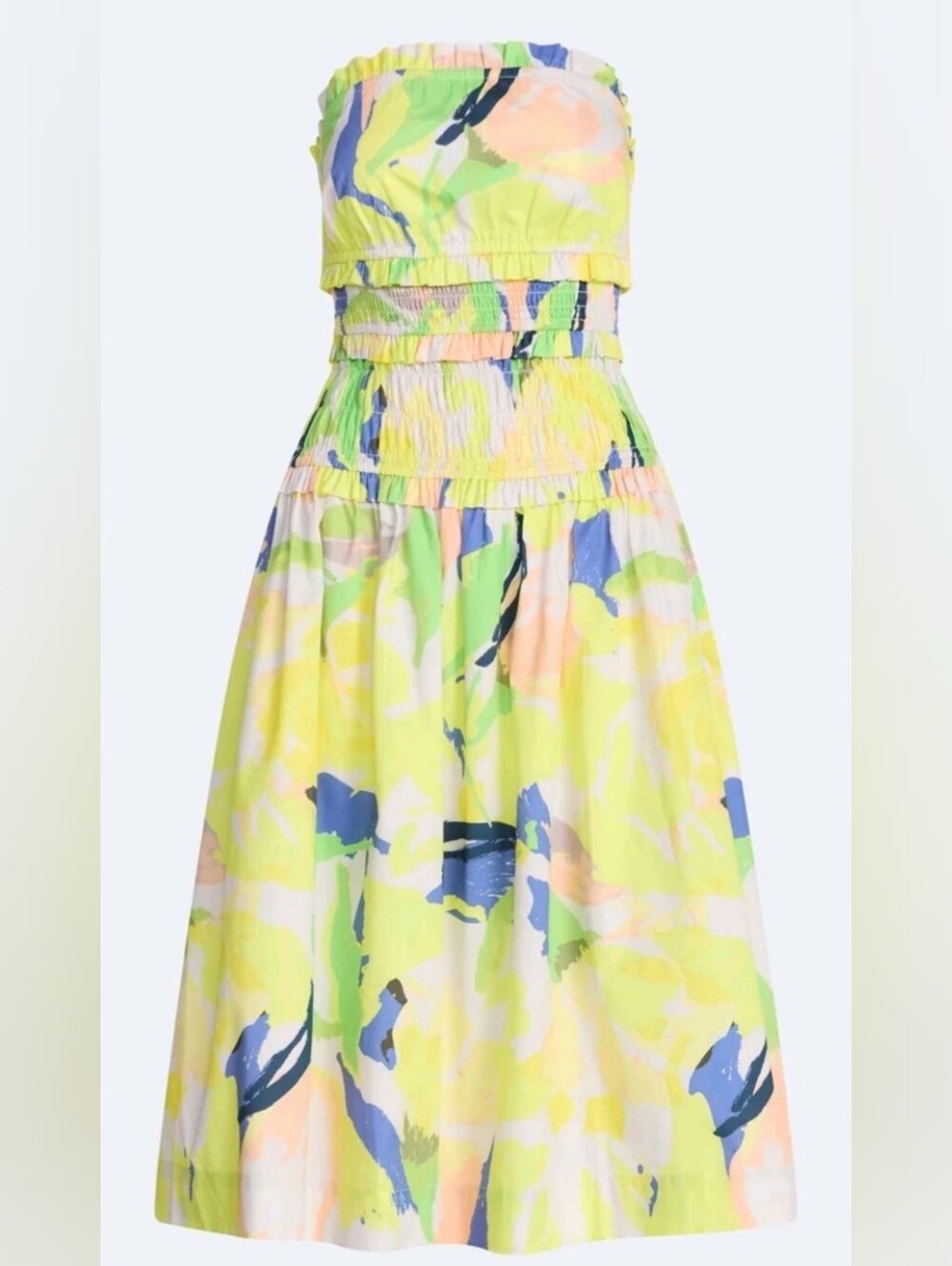 Strapless Cotton Poplin Tiered Smocked Midi Dress - Yellow Floral Print